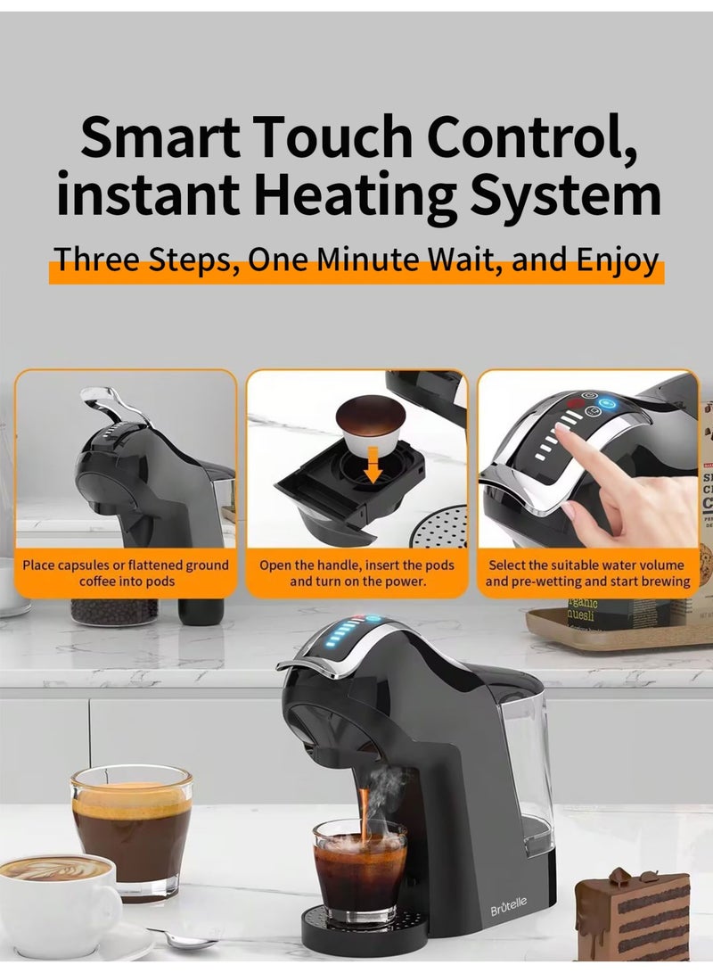 بريتيل 4 في 1 ماكينة قهوة اسبريسو ١٩ بار استخلاص ساخن وبارد خزان كبير شاشة لمس متوافقة مع نسبرسو دولتشي غوستو قهوة مطحونة واكياس ايسي - Image 3